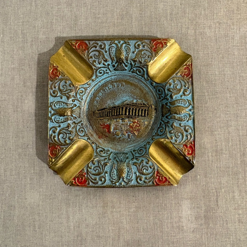 Vintage 1980s Handmade Greek Parthenon Ashtray Gold-Tone Enamel Art - 3.5"